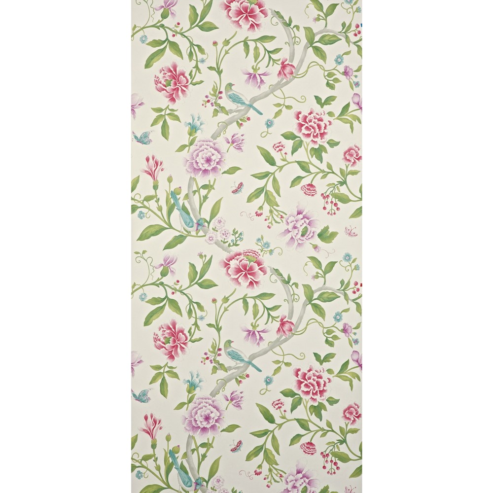 Porcelain Floral Wallpaper 106 by Sanderson in Magenta Leaf Green